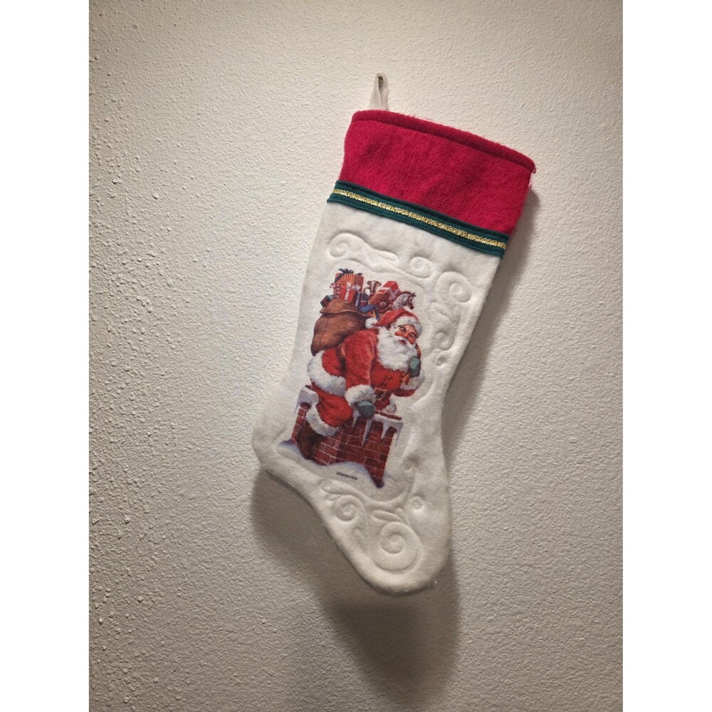 Vintage Santas best Santa Claus down the chimney Christmas stocking felt fuzzy
